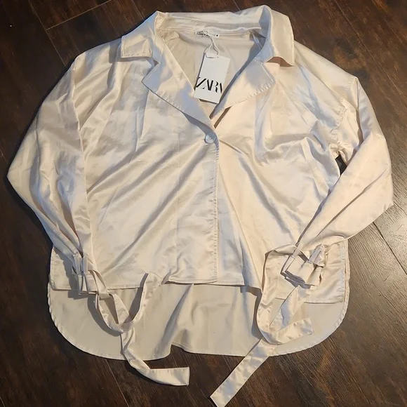 nwt ZARA oversize tie sleeve satin blouse XS/S glossy pearl slouchy jacket - Picture 4 of 4